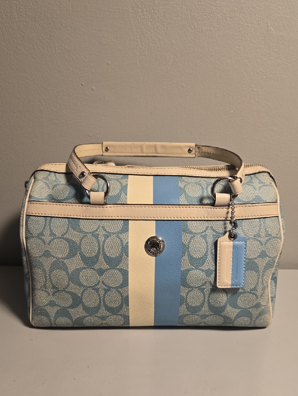Coach Signature Boston Bag Teal & Cream